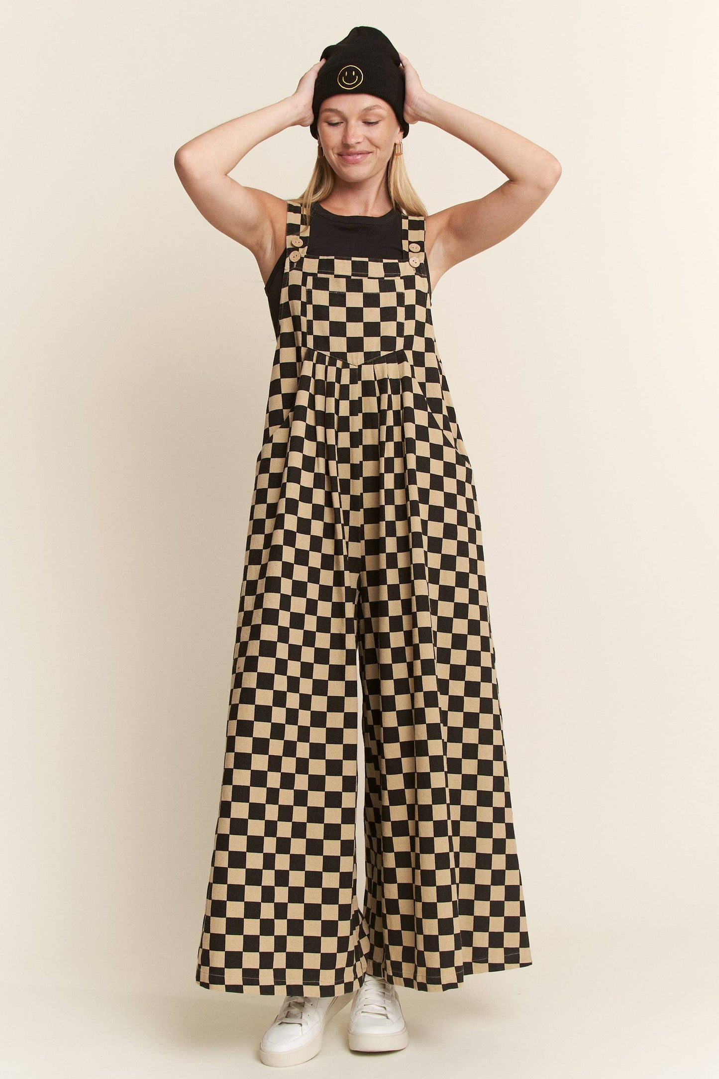 CHECKERED WIDE LEG OVERALLS