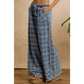 Frayed Detail Plaid Wide Leg Jeans