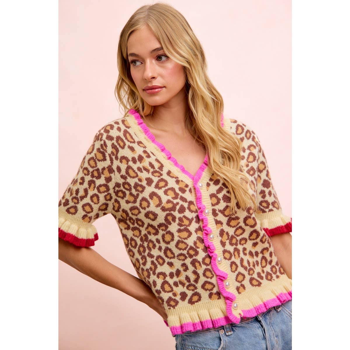 LEOPARD PATTERNED RUFFLED DETAIL BUTTON CARDIGAN
