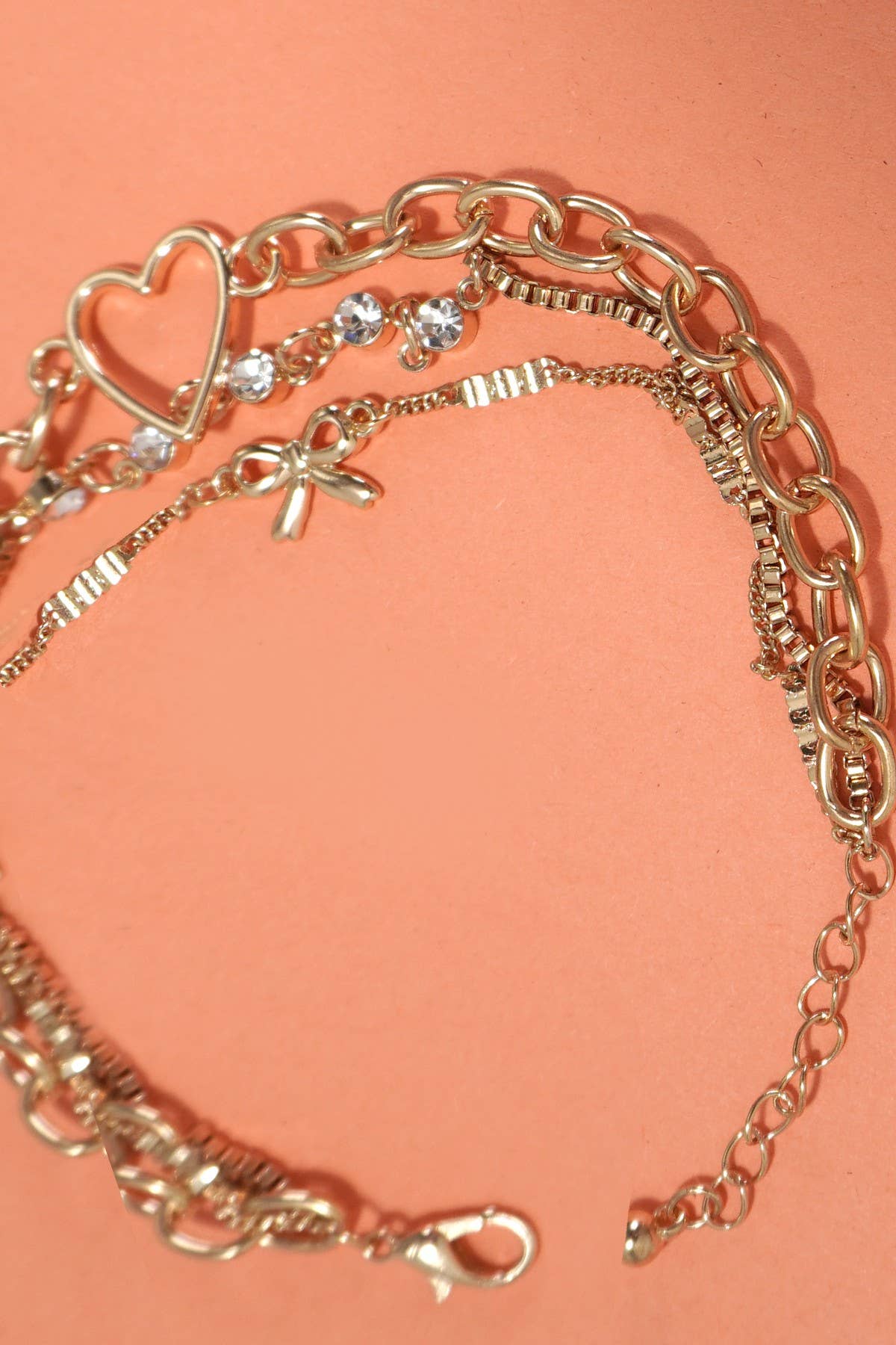 Multi-Layer Bow Heart Station Rhinestone Bracelet