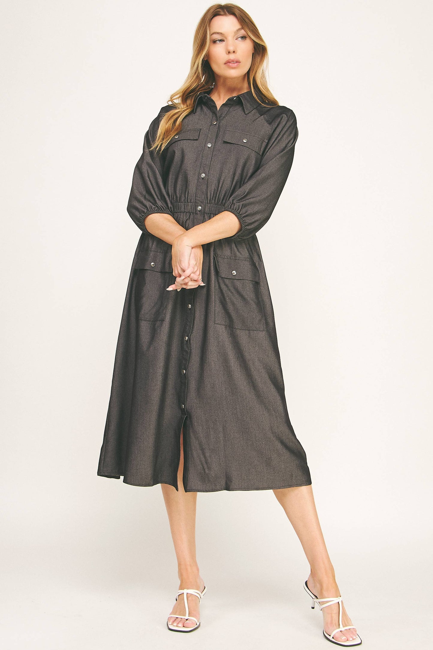 CHLOE CHAMBRAY BUTTON-DOWN MIDI DRESS
