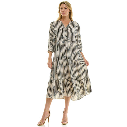 STRIPE FLORAL PEASANT MIDI DRESS