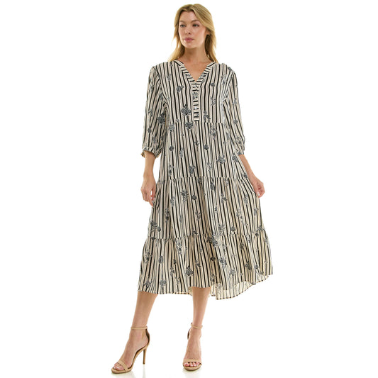 STRIPE FLORAL PEASANT MIDI DRESS