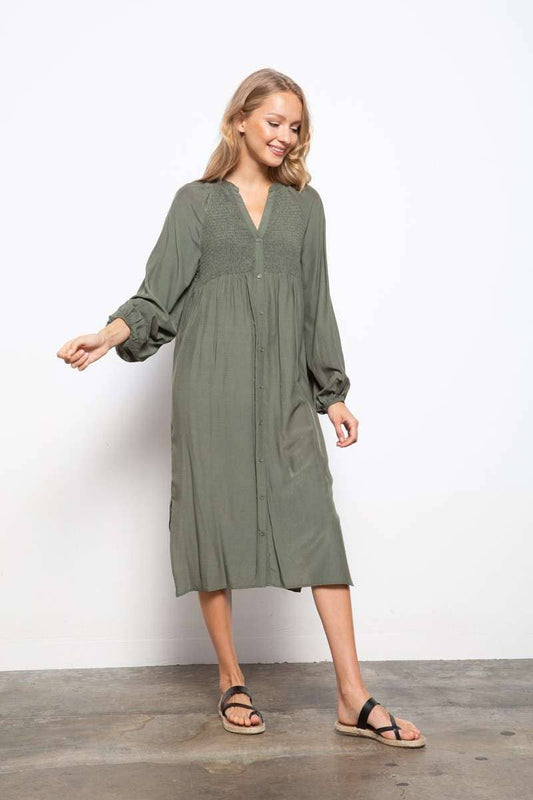 Smocking Olive Green Dress