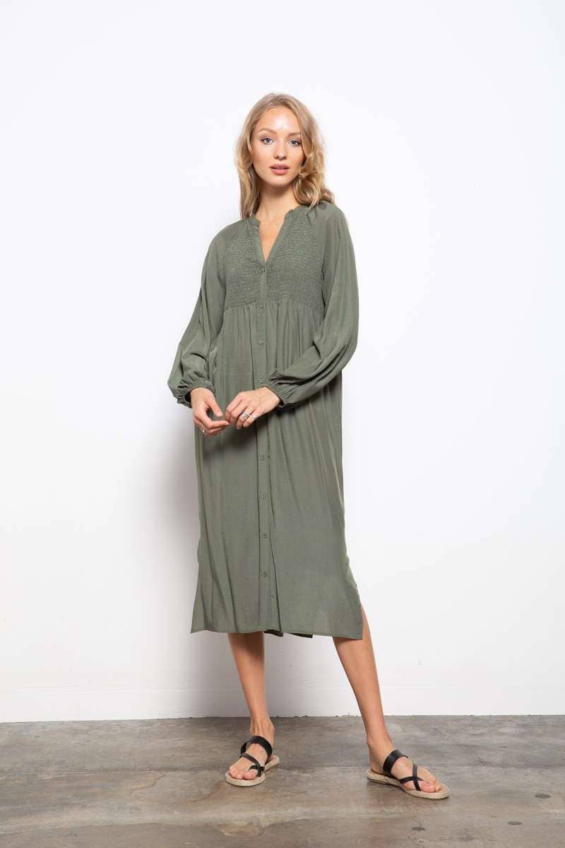 Smocking Olive Green Dress