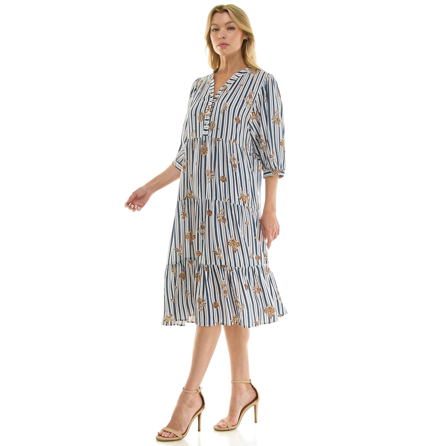 STRIPE FLORAL PEASANT MIDI DRESS