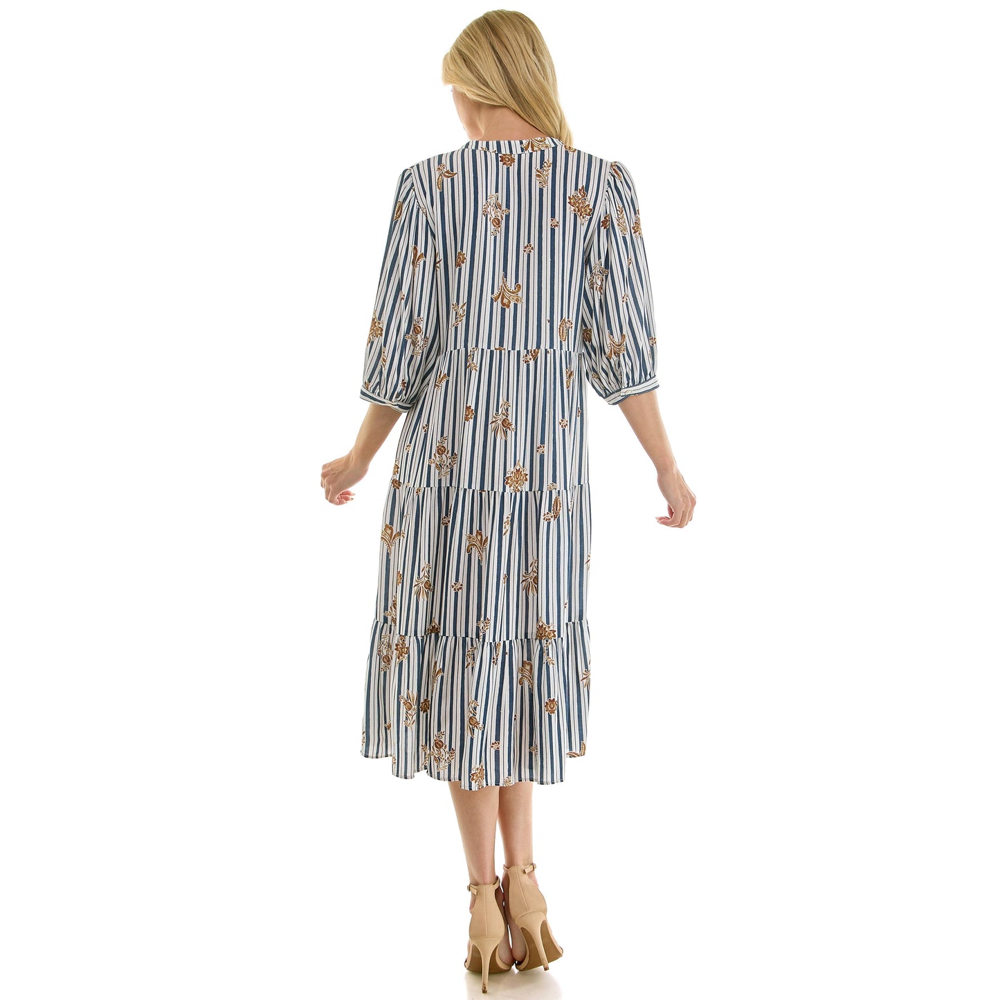 STRIPE FLORAL PEASANT MIDI DRESS