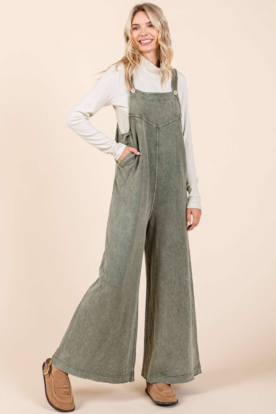 Mineral Washed Buttoned Strap Jumpsuit