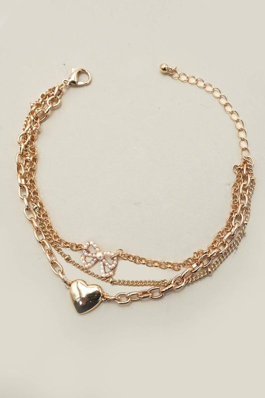 Multi-Layer Heart Bow Pearl Charm Bracelet