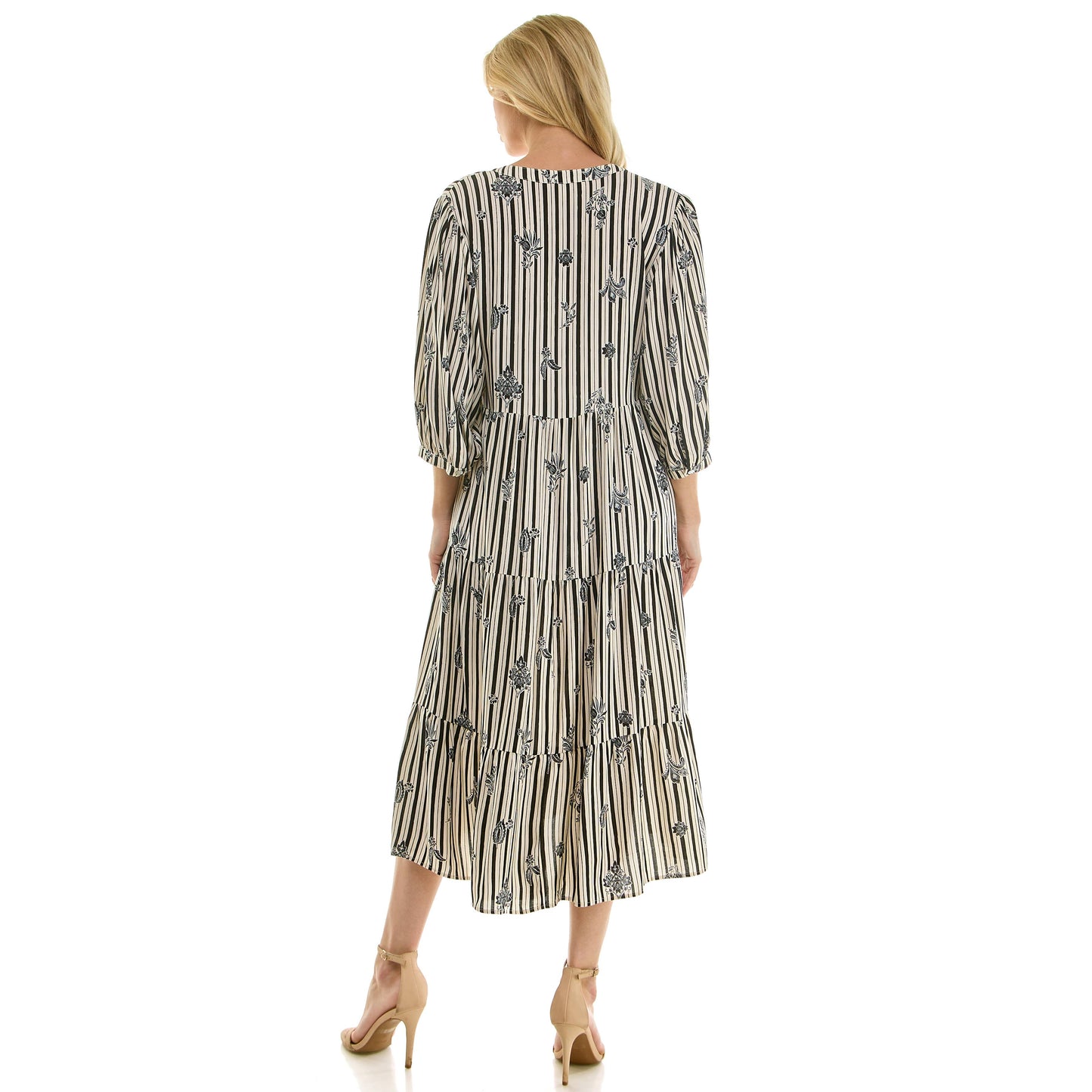 STRIPE FLORAL PEASANT MIDI DRESS