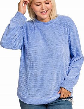 Chenille Waffle Round Neck Sweater-Blue