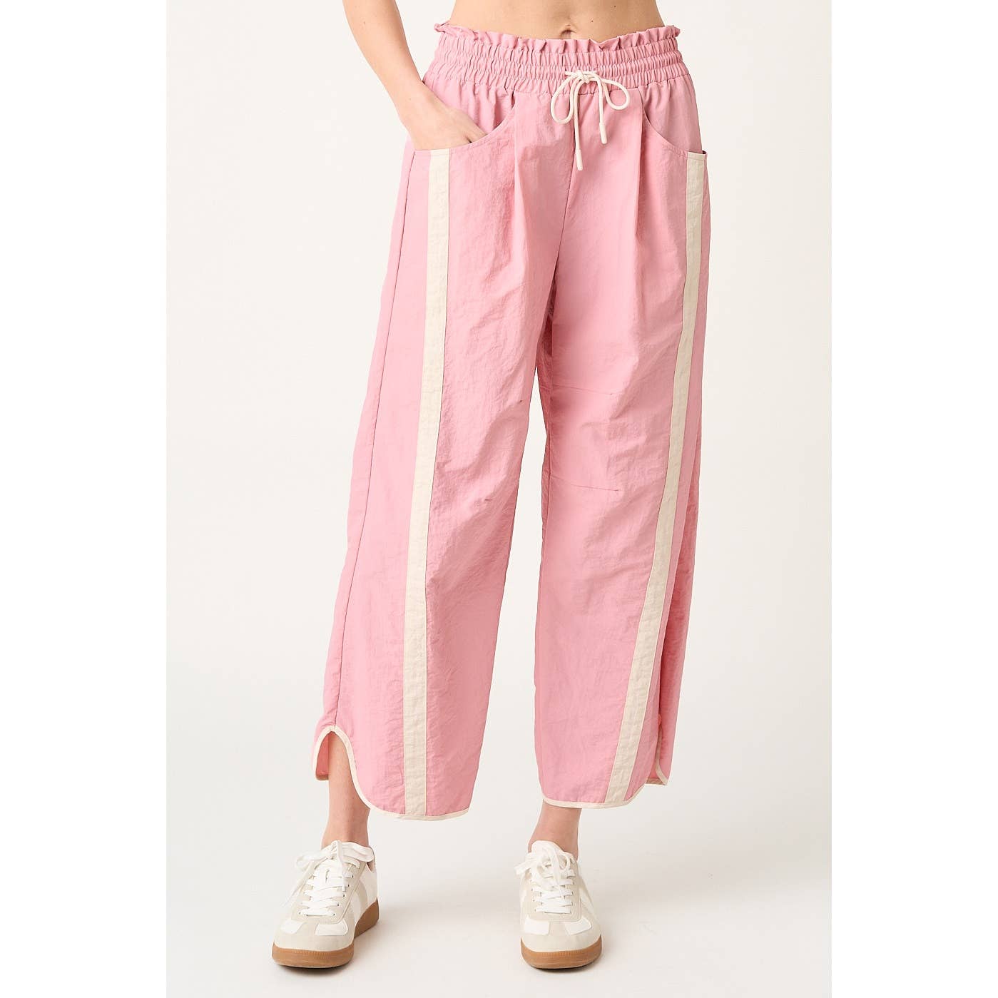 SPORTY STRIPE NYLON PULL ON BARREL LEG PANTS