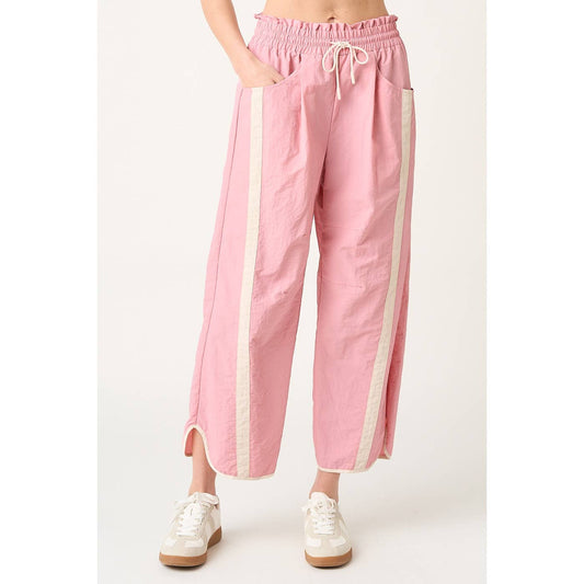 SPORTY STRIPE NYLON PULL ON BARREL LEG PANTS
