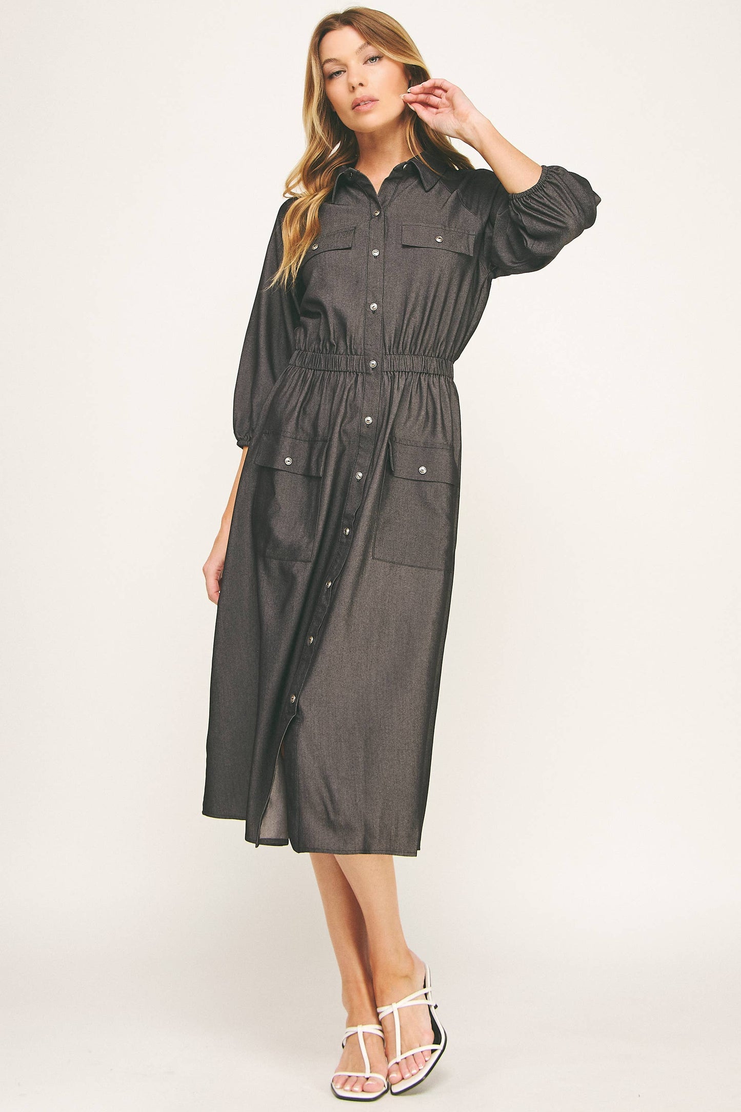 CHLOE CHAMBRAY BUTTON-DOWN MIDI DRESS