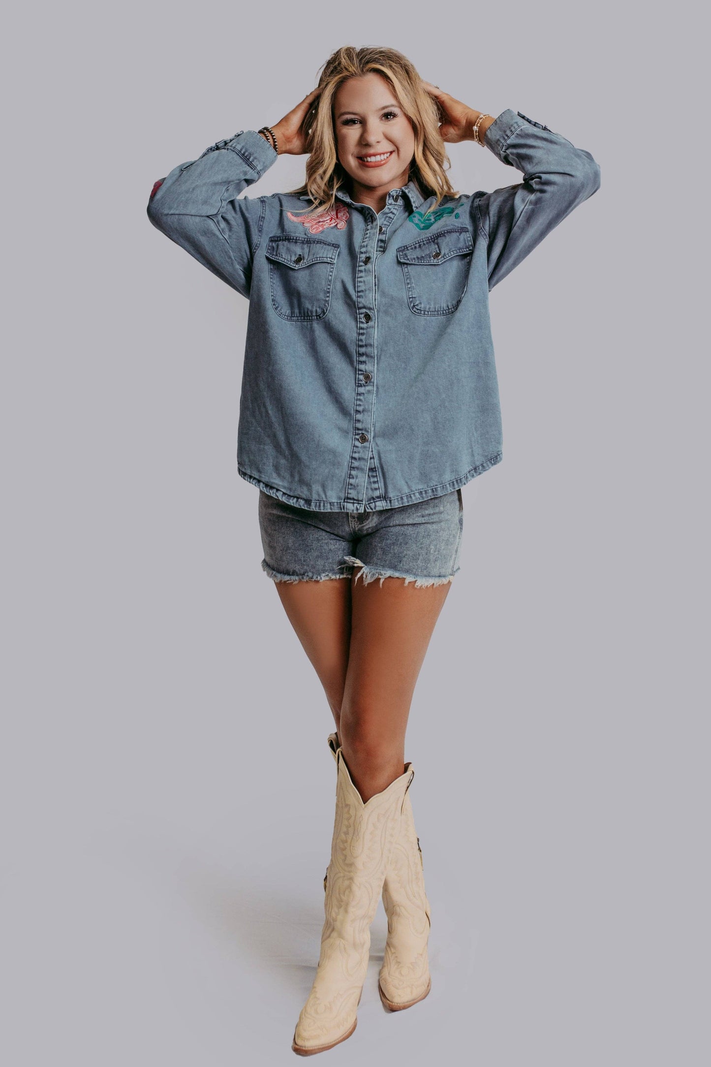 Giddy Up Embroidery Denim Button Up