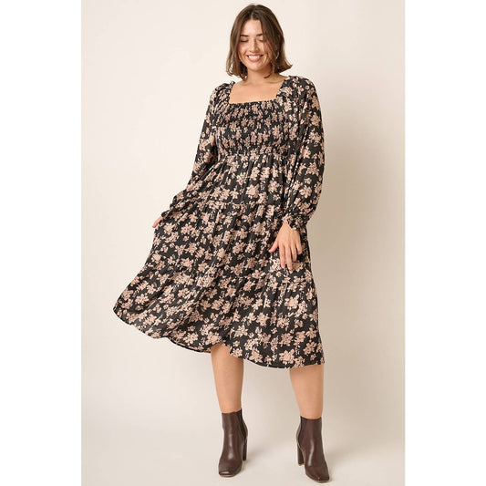 PLUS FLOWER PRINT SATIN MIDI DRESS
