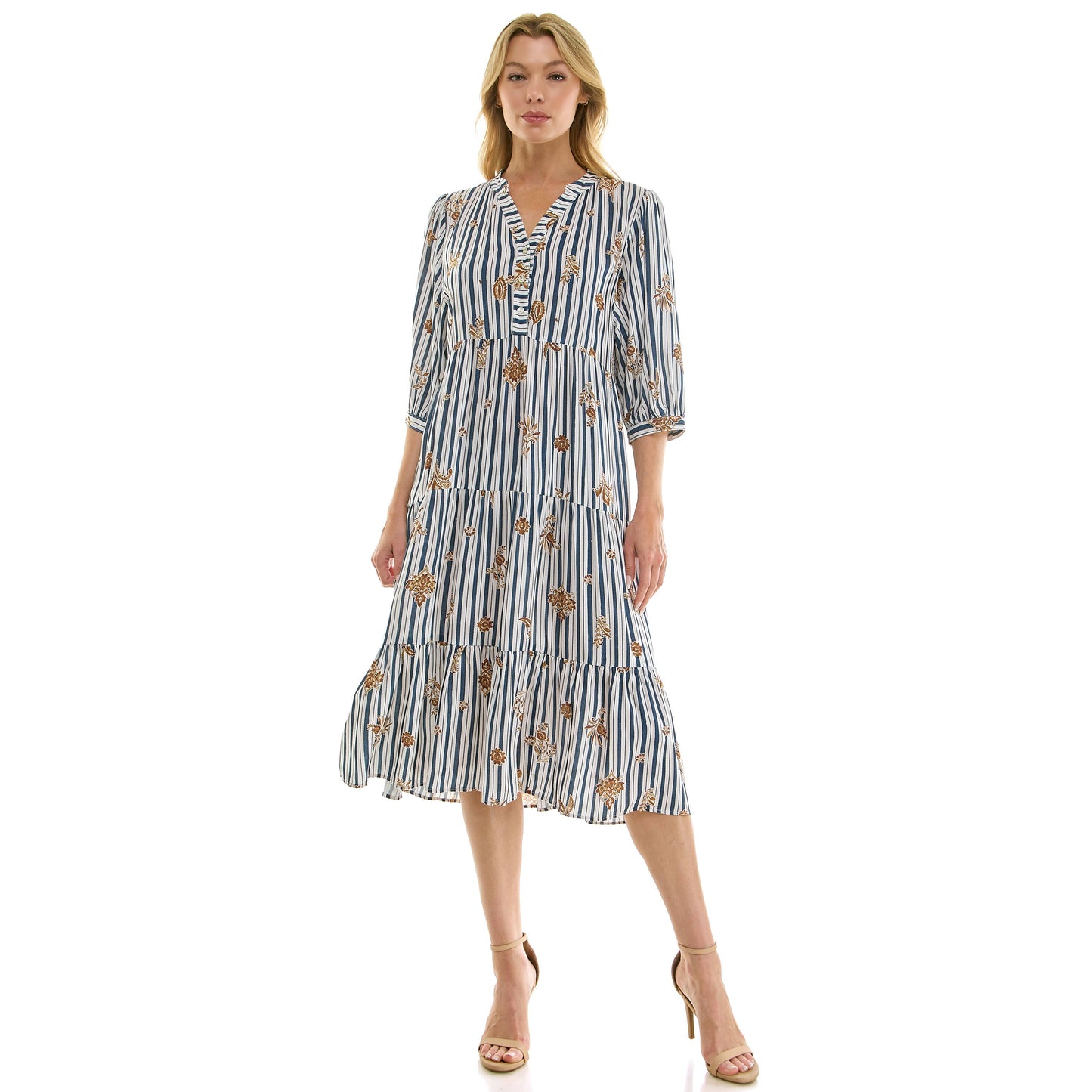 STRIPE FLORAL PEASANT MIDI DRESS