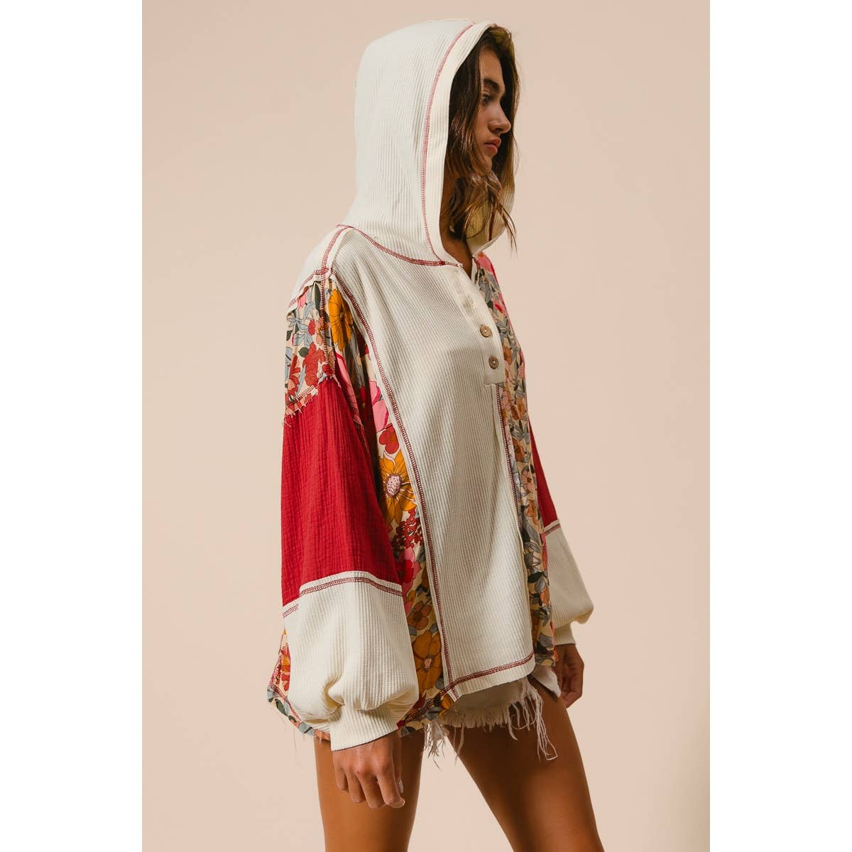 Knit and Print Mixed Hoodie