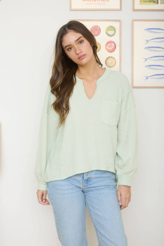Split Neck Long Sleeve Ribbed Tee