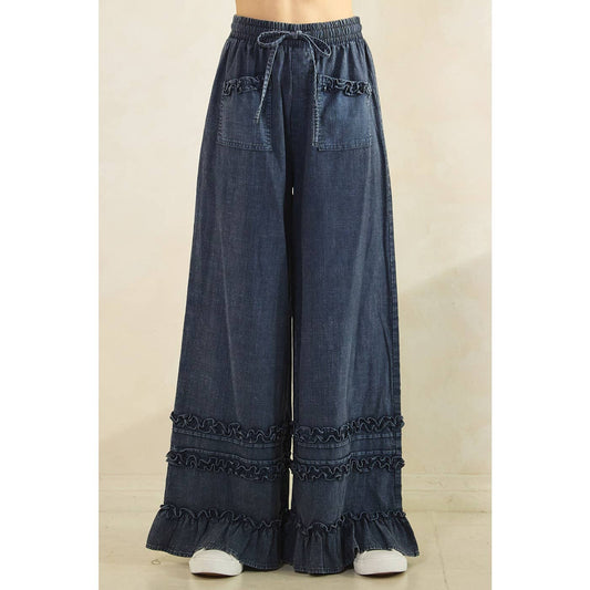 RUFFLE TRIM WIDE LEG PANTS