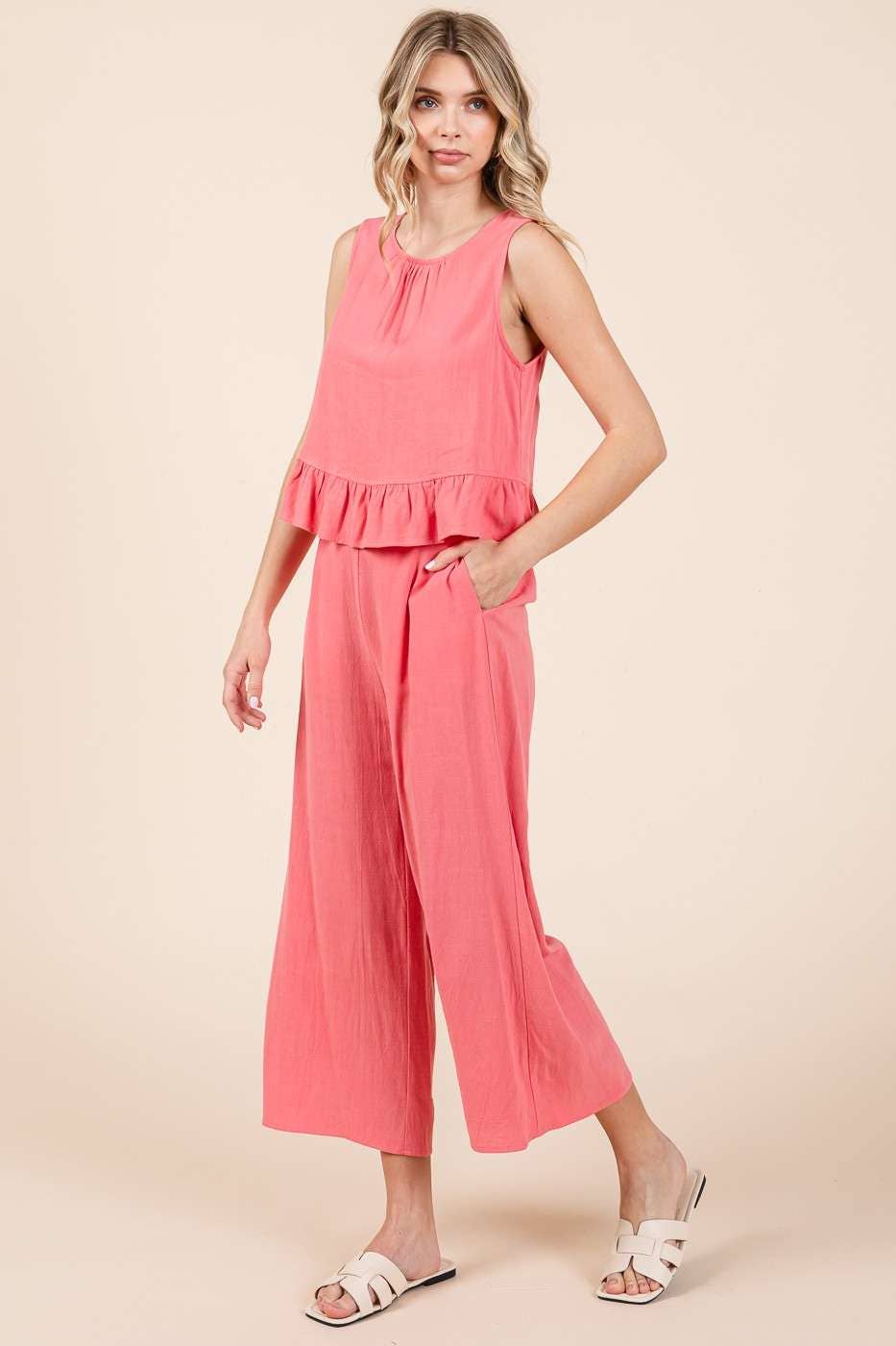 Linen Ruffle Tank Top and Pant Set