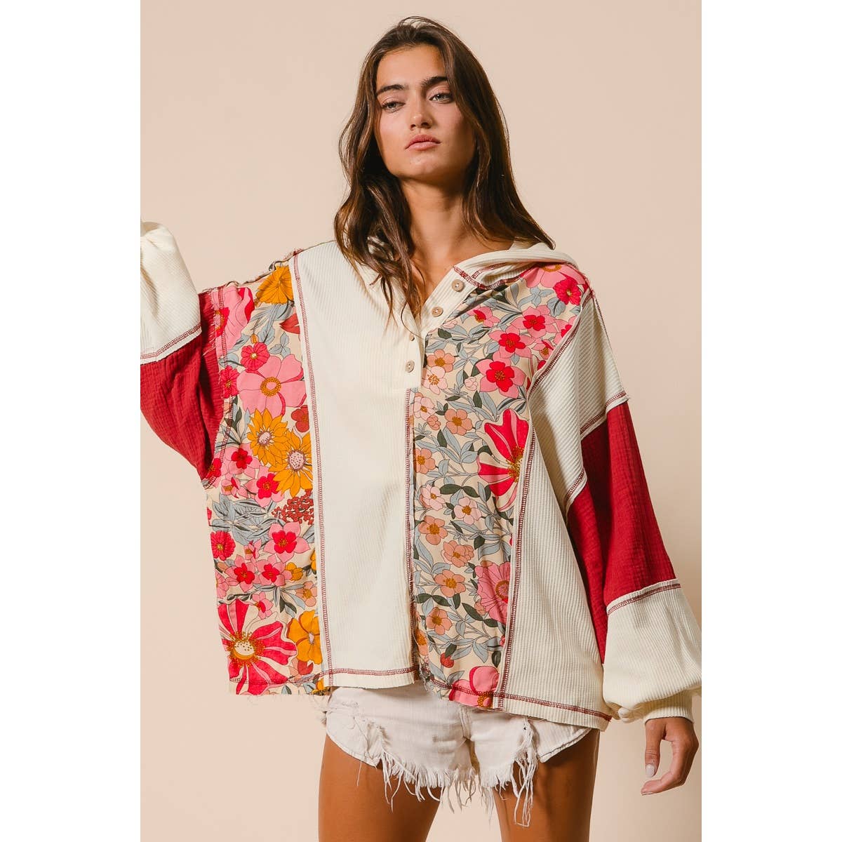 Knit and Print Mixed Hoodie