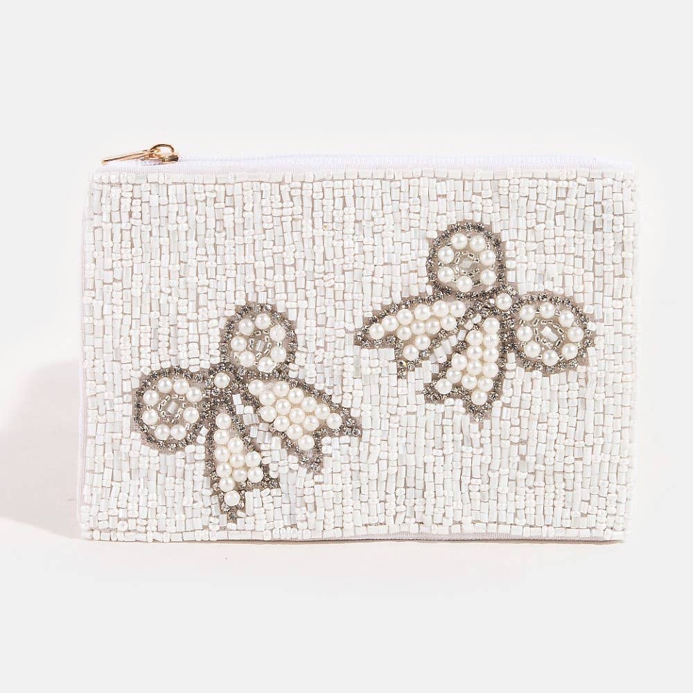 Rhinestone Pearl And Seed Beaded Ribbon Bow Coin Purse