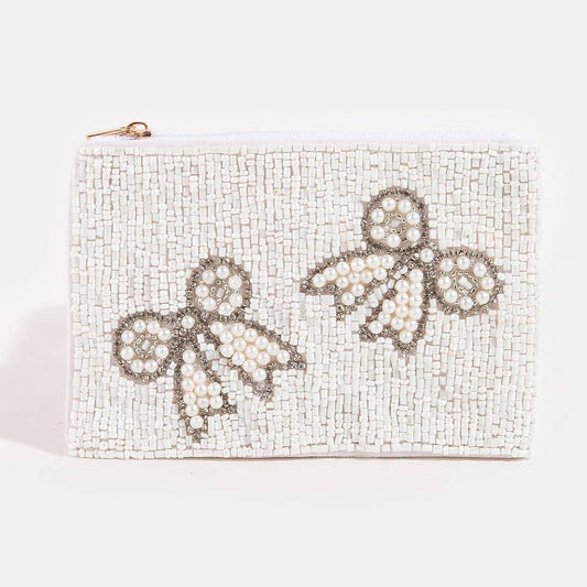 Rhinestone Pearl And Seed Beaded Ribbon Bow Coin Purse