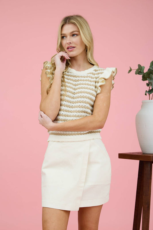 Strip Short Ruffle Sleeve Sweater Knit Top