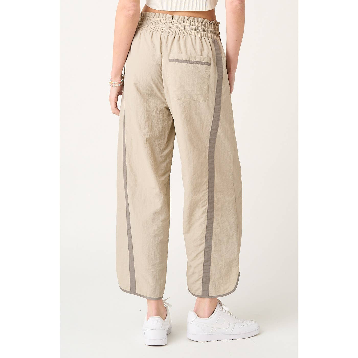 SPORTY STRIPE NYLON PULL ON BARREL LEG PANTS