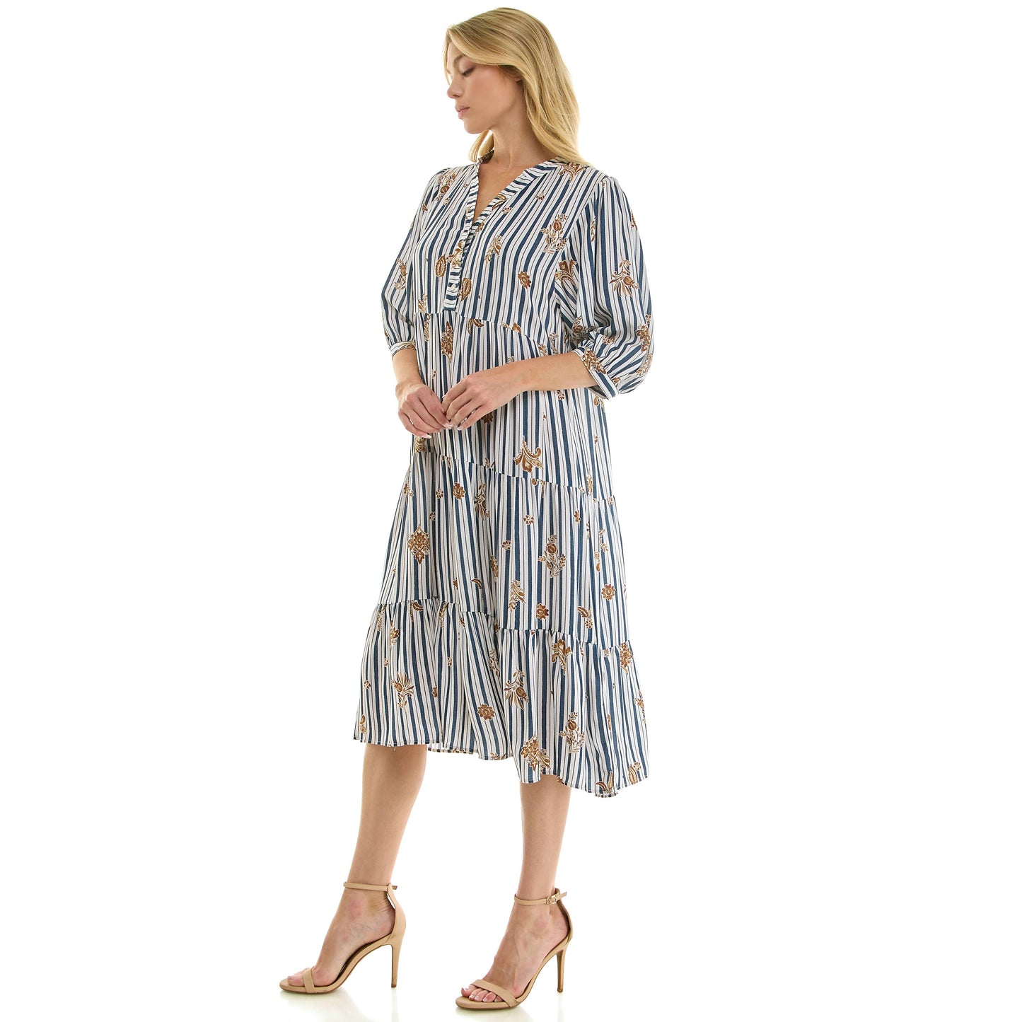 STRIPE FLORAL PEASANT MIDI DRESS