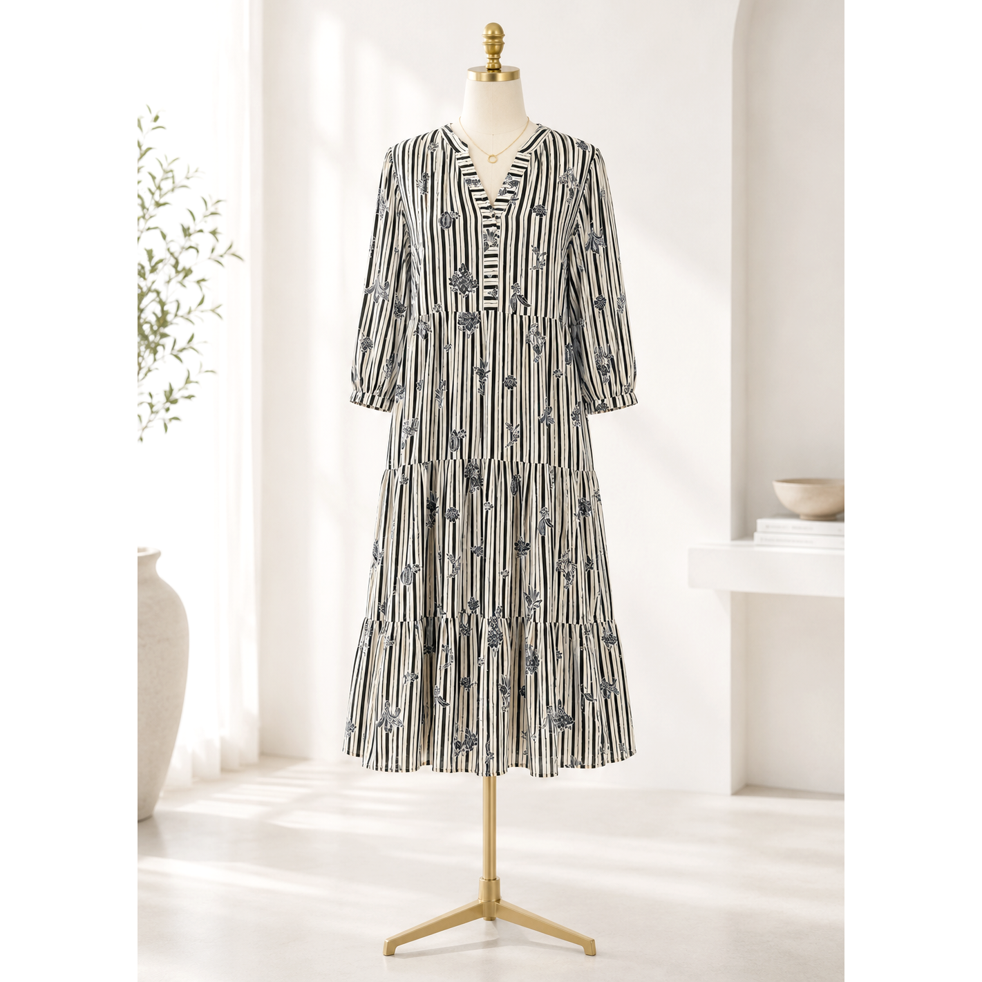 STRIPE FLORAL PEASANT MIDI DRESS