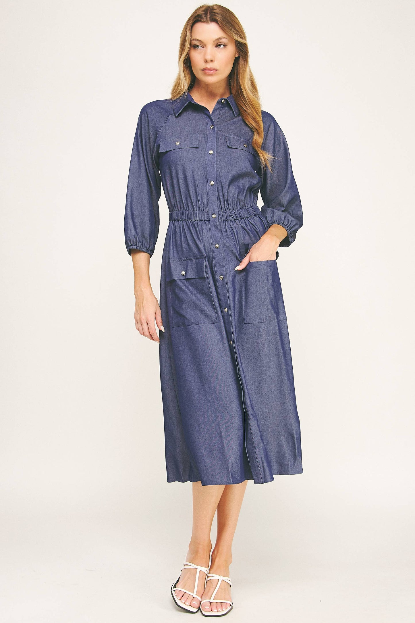 CHLOE CHAMBRAY BUTTON-DOWN MIDI DRESS