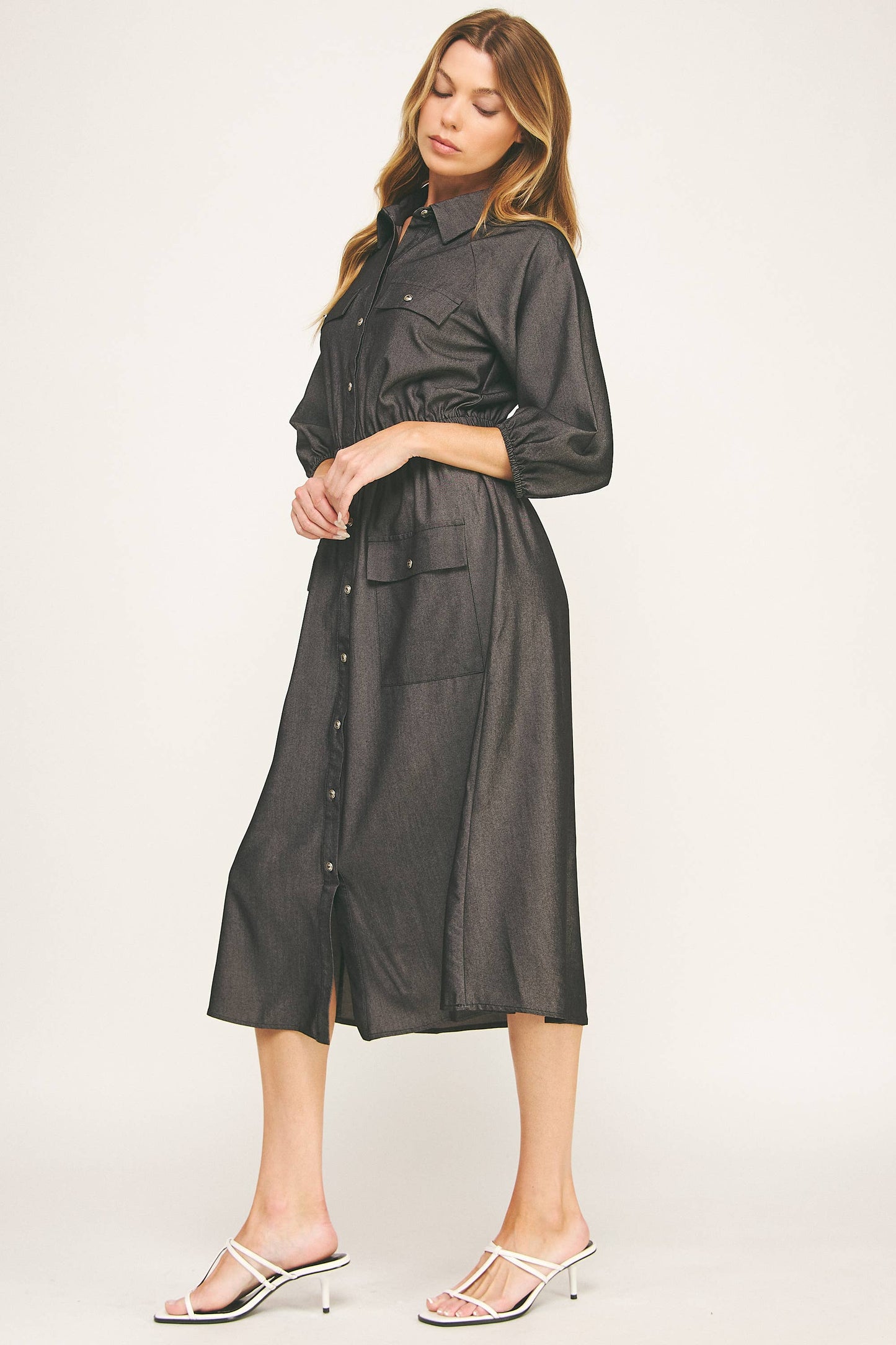 CHLOE CHAMBRAY BUTTON-DOWN MIDI DRESS