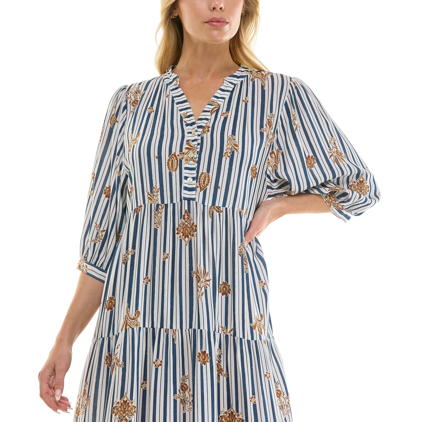 STRIPE FLORAL PEASANT MIDI DRESS