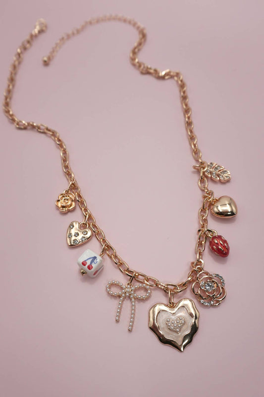 Charm Necklace-Cherry Bow and Strawberry Flower Heart
