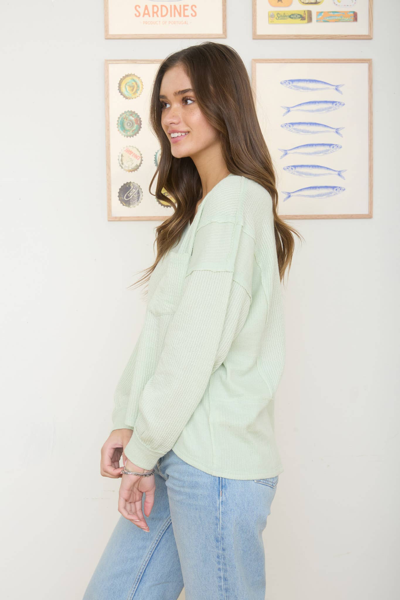 Split Neck Long Sleeve Ribbed Tee