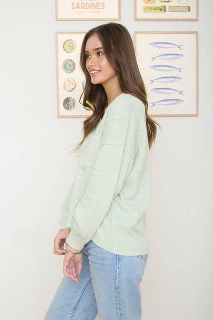 Split Neck Long Sleeve Ribbed Tee