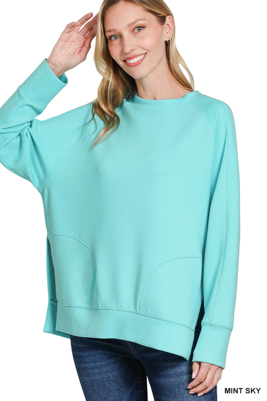 Scuba Round Neck Pullover With Side Slits Mint Sky