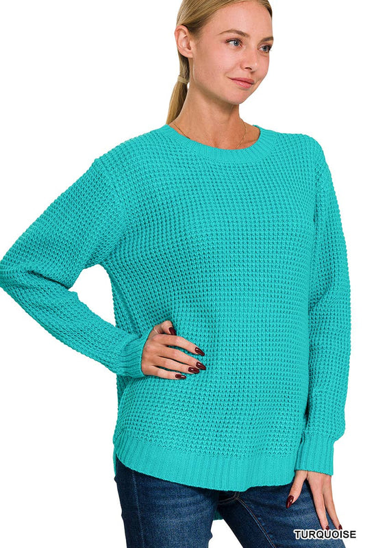 Hi-low Long Sleeve Round Neck Waffle Sweater